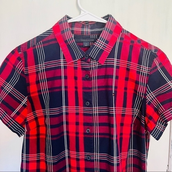 Tommy Hilfiger Plaid Button Up Collared Shirt Red and Navy Short Puffed Sleeve S - Picture 2 of 10